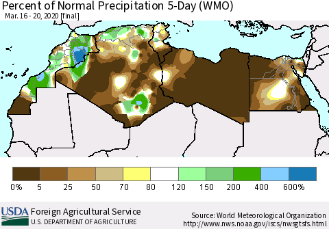 North Africa Percent of Normal Precipitation 5-Day (WMO) Thematic Map For 3/16/2020 - 3/20/2020