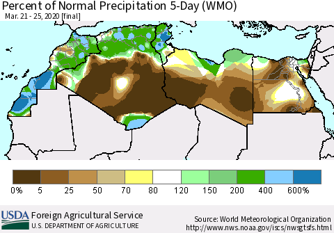 North Africa Percent of Normal Precipitation 5-Day (WMO) Thematic Map For 3/21/2020 - 3/25/2020