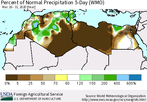 North Africa Percent of Normal Precipitation 5-Day (WMO) Thematic Map For 3/26/2020 - 3/31/2020