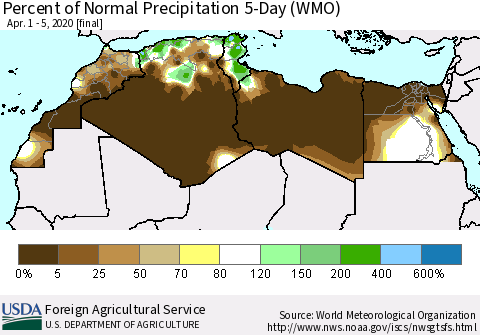 North Africa Percent of Normal Precipitation 5-Day (WMO) Thematic Map For 4/1/2020 - 4/5/2020