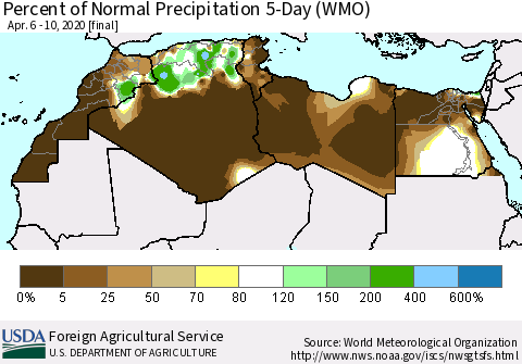 North Africa Percent of Normal Precipitation 5-Day (WMO) Thematic Map For 4/6/2020 - 4/10/2020