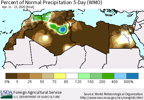 North Africa Percent of Normal Precipitation 5-Day (WMO) Thematic Map For 4/11/2020 - 4/15/2020