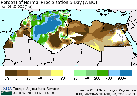North Africa Percent of Normal Precipitation 5-Day (WMO) Thematic Map For 4/16/2020 - 4/20/2020
