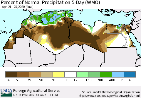 North Africa Percent of Normal Precipitation 5-Day (WMO) Thematic Map For 4/21/2020 - 4/25/2020
