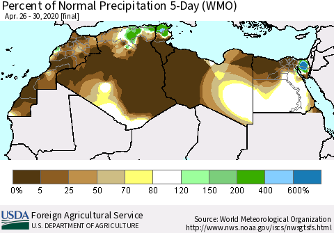 North Africa Percent of Normal Precipitation 5-Day (WMO) Thematic Map For 4/26/2020 - 4/30/2020