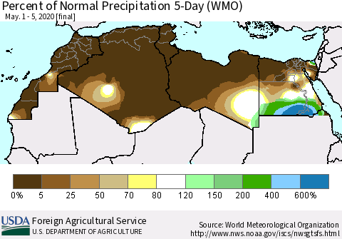 North Africa Percent of Normal Precipitation 5-Day (WMO) Thematic Map For 5/1/2020 - 5/5/2020