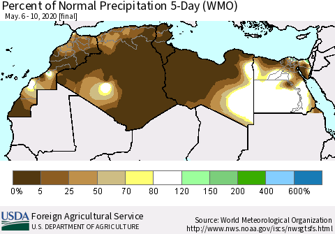 North Africa Percent of Normal Precipitation 5-Day (WMO) Thematic Map For 5/6/2020 - 5/10/2020