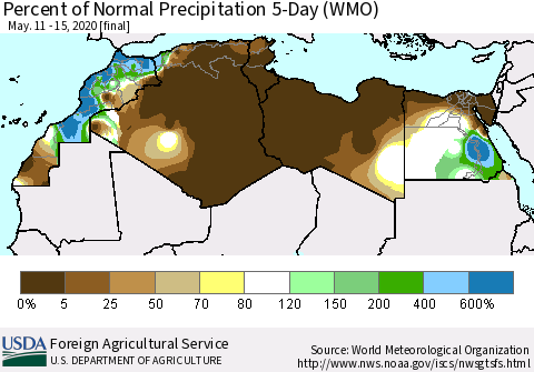North Africa Percent of Normal Precipitation 5-Day (WMO) Thematic Map For 5/11/2020 - 5/15/2020