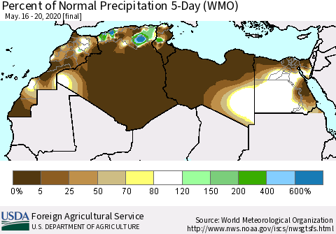 North Africa Percent of Normal Precipitation 5-Day (WMO) Thematic Map For 5/16/2020 - 5/20/2020