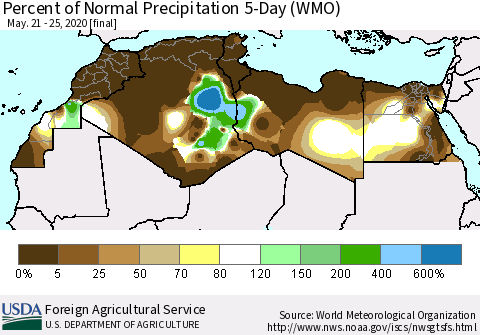 North Africa Percent of Normal Precipitation 5-Day (WMO) Thematic Map For 5/21/2020 - 5/25/2020
