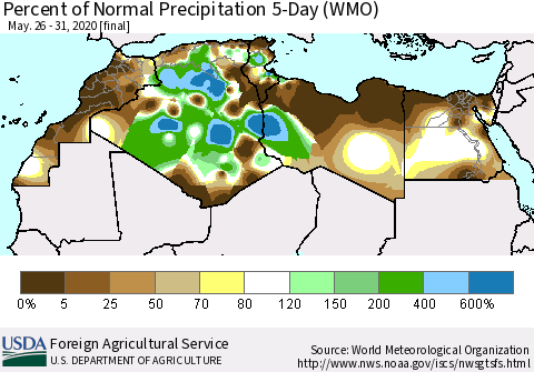 North Africa Percent of Normal Precipitation 5-Day (WMO) Thematic Map For 5/26/2020 - 5/31/2020