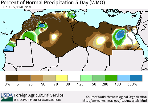 North Africa Percent of Normal Precipitation 5-Day (WMO) Thematic Map For 6/1/2020 - 6/5/2020