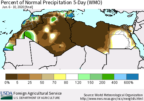 North Africa Percent of Normal Precipitation 5-Day (WMO) Thematic Map For 6/6/2020 - 6/10/2020