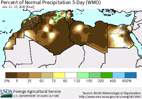 North Africa Percent of Normal Precipitation 5-Day (WMO) Thematic Map For 6/11/2020 - 6/15/2020