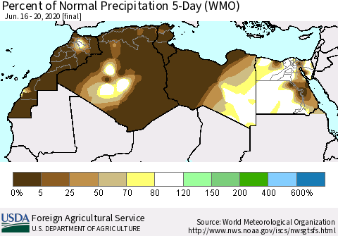 North Africa Percent of Normal Precipitation 5-Day (WMO) Thematic Map For 6/16/2020 - 6/20/2020