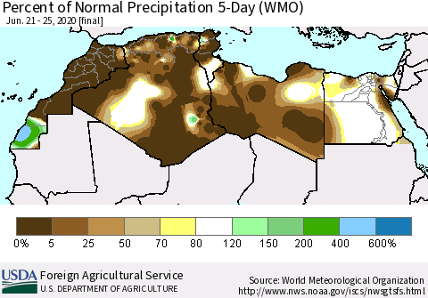 North Africa Percent of Normal Precipitation 5-Day (WMO) Thematic Map For 6/21/2020 - 6/25/2020