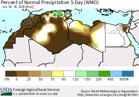 North Africa Percent of Normal Precipitation 5-Day (WMO) Thematic Map For 6/26/2020 - 6/30/2020