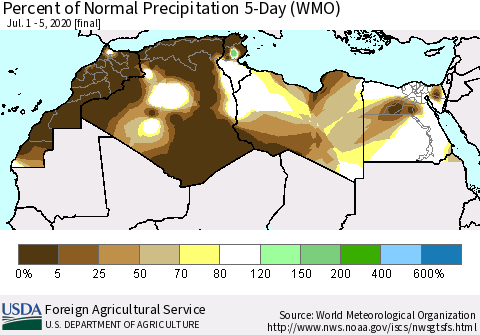 North Africa Percent of Normal Precipitation 5-Day (WMO) Thematic Map For 7/1/2020 - 7/5/2020