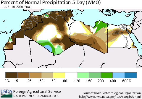 North Africa Percent of Normal Precipitation 5-Day (WMO) Thematic Map For 7/6/2020 - 7/10/2020