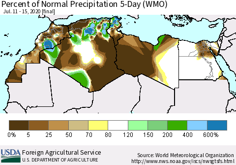North Africa Percent of Normal Precipitation 5-Day (WMO) Thematic Map For 7/11/2020 - 7/15/2020