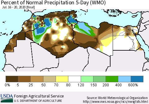 North Africa Percent of Normal Precipitation 5-Day (WMO) Thematic Map For 7/16/2020 - 7/20/2020