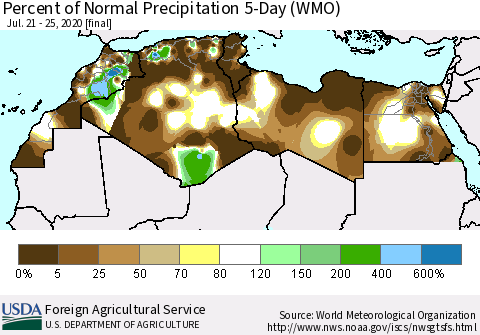 North Africa Percent of Normal Precipitation 5-Day (WMO) Thematic Map For 7/21/2020 - 7/25/2020
