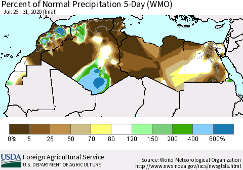 North Africa Percent of Normal Precipitation 5-Day (WMO) Thematic Map For 7/26/2020 - 7/31/2020
