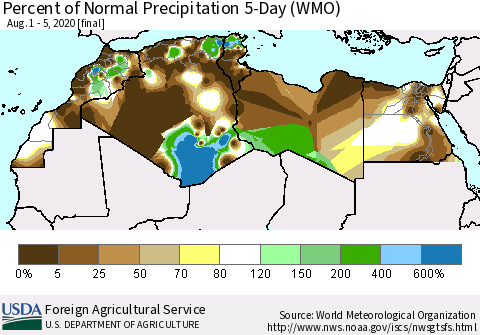 North Africa Percent of Normal Precipitation 5-Day (WMO) Thematic Map For 8/1/2020 - 8/5/2020