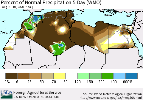 North Africa Percent of Normal Precipitation 5-Day (WMO) Thematic Map For 8/6/2020 - 8/10/2020