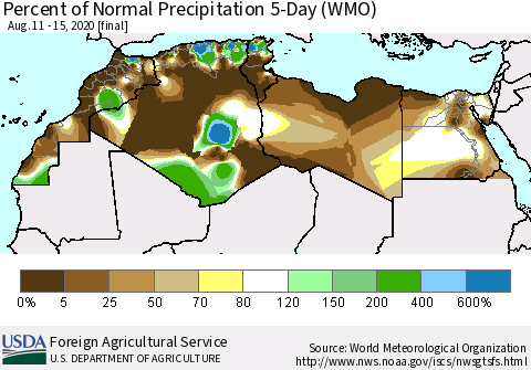 North Africa Percent of Normal Precipitation 5-Day (WMO) Thematic Map For 8/11/2020 - 8/15/2020