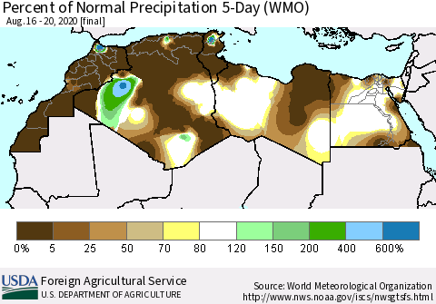 North Africa Percent of Normal Precipitation 5-Day (WMO) Thematic Map For 8/16/2020 - 8/20/2020