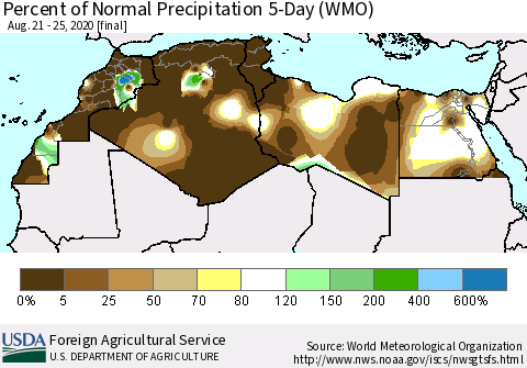 North Africa Percent of Normal Precipitation 5-Day (WMO) Thematic Map For 8/21/2020 - 8/25/2020