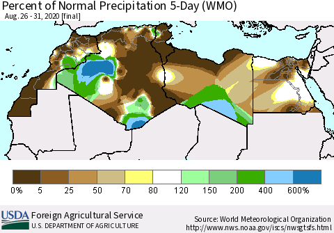 North Africa Percent of Normal Precipitation 5-Day (WMO) Thematic Map For 8/26/2020 - 8/31/2020