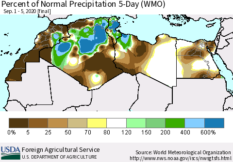 North Africa Percent of Normal Precipitation 5-Day (WMO) Thematic Map For 9/1/2020 - 9/5/2020