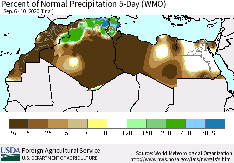 North Africa Percent of Normal Precipitation 5-Day (WMO) Thematic Map For 9/6/2020 - 9/10/2020