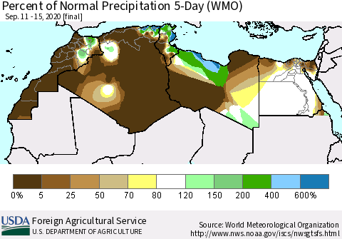 North Africa Percent of Normal Precipitation 5-Day (WMO) Thematic Map For 9/11/2020 - 9/15/2020