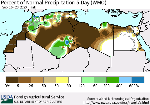 North Africa Percent of Normal Precipitation 5-Day (WMO) Thematic Map For 9/16/2020 - 9/20/2020