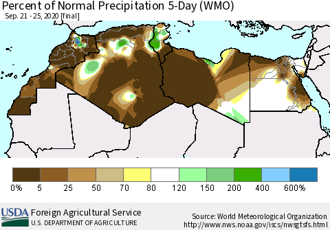 North Africa Percent of Normal Precipitation 5-Day (WMO) Thematic Map For 9/21/2020 - 9/25/2020
