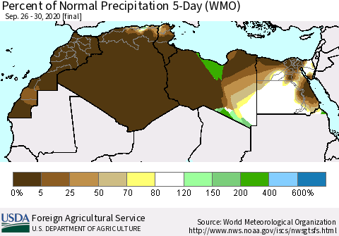 North Africa Percent of Normal Precipitation 5-Day (WMO) Thematic Map For 9/26/2020 - 9/30/2020