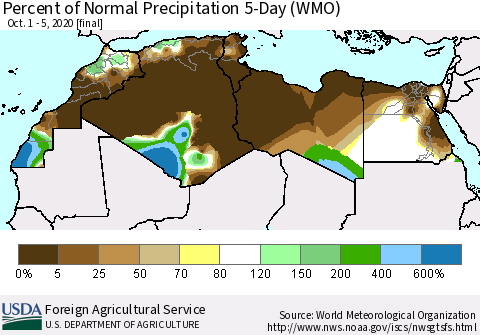North Africa Percent of Normal Precipitation 5-Day (WMO) Thematic Map For 10/1/2020 - 10/5/2020