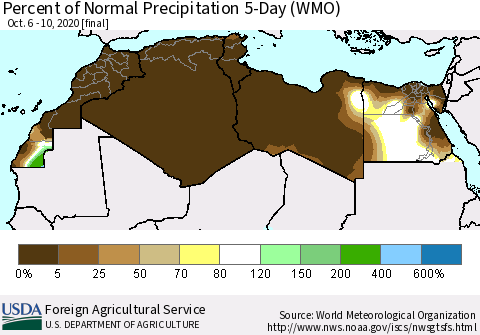 North Africa Percent of Normal Precipitation 5-Day (WMO) Thematic Map For 10/6/2020 - 10/10/2020