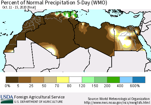 North Africa Percent of Normal Precipitation 5-Day (WMO) Thematic Map For 10/11/2020 - 10/15/2020