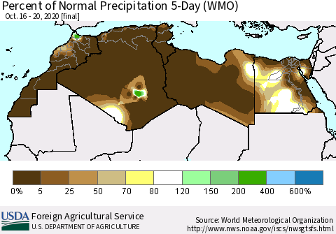 North Africa Percent of Normal Precipitation 5-Day (WMO) Thematic Map For 10/16/2020 - 10/20/2020
