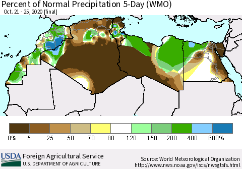 North Africa Percent of Normal Precipitation 5-Day (WMO) Thematic Map For 10/21/2020 - 10/25/2020