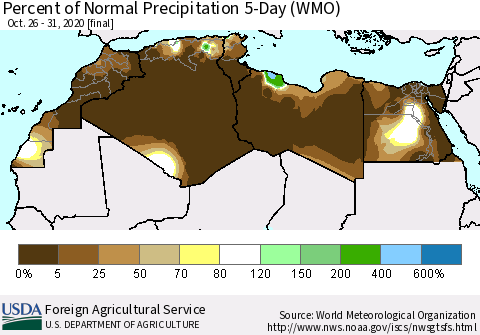 North Africa Percent of Normal Precipitation 5-Day (WMO) Thematic Map For 10/26/2020 - 10/31/2020