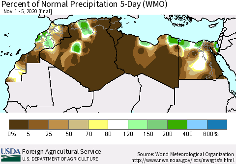 North Africa Percent of Normal Precipitation 5-Day (WMO) Thematic Map For 11/1/2020 - 11/5/2020