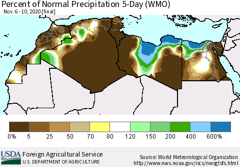 North Africa Percent of Normal Precipitation 5-Day (WMO) Thematic Map For 11/6/2020 - 11/10/2020