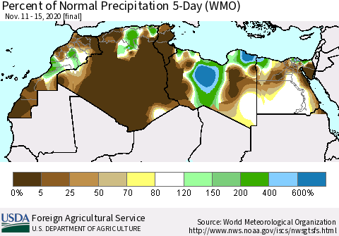 North Africa Percent of Normal Precipitation 5-Day (WMO) Thematic Map For 11/11/2020 - 11/15/2020