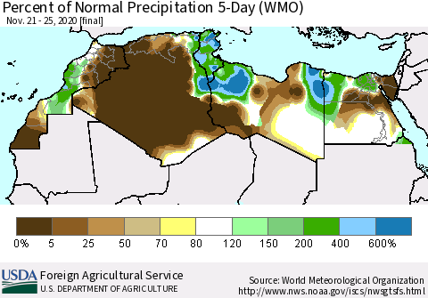 North Africa Percent of Normal Precipitation 5-Day (WMO) Thematic Map For 11/21/2020 - 11/25/2020