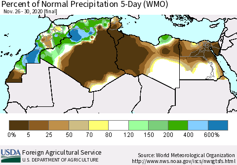North Africa Percent of Normal Precipitation 5-Day (WMO) Thematic Map For 11/26/2020 - 11/30/2020